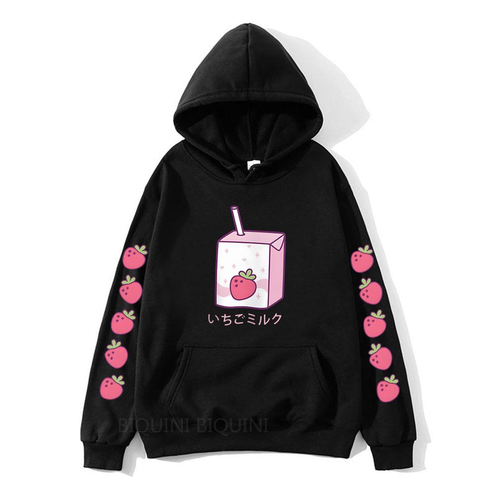 Strawberry Milk Cartoon Printing Hoodies Long Sleeve Hooded Sweatshirts Kawaii Clothing for Girls Moletom Feminino