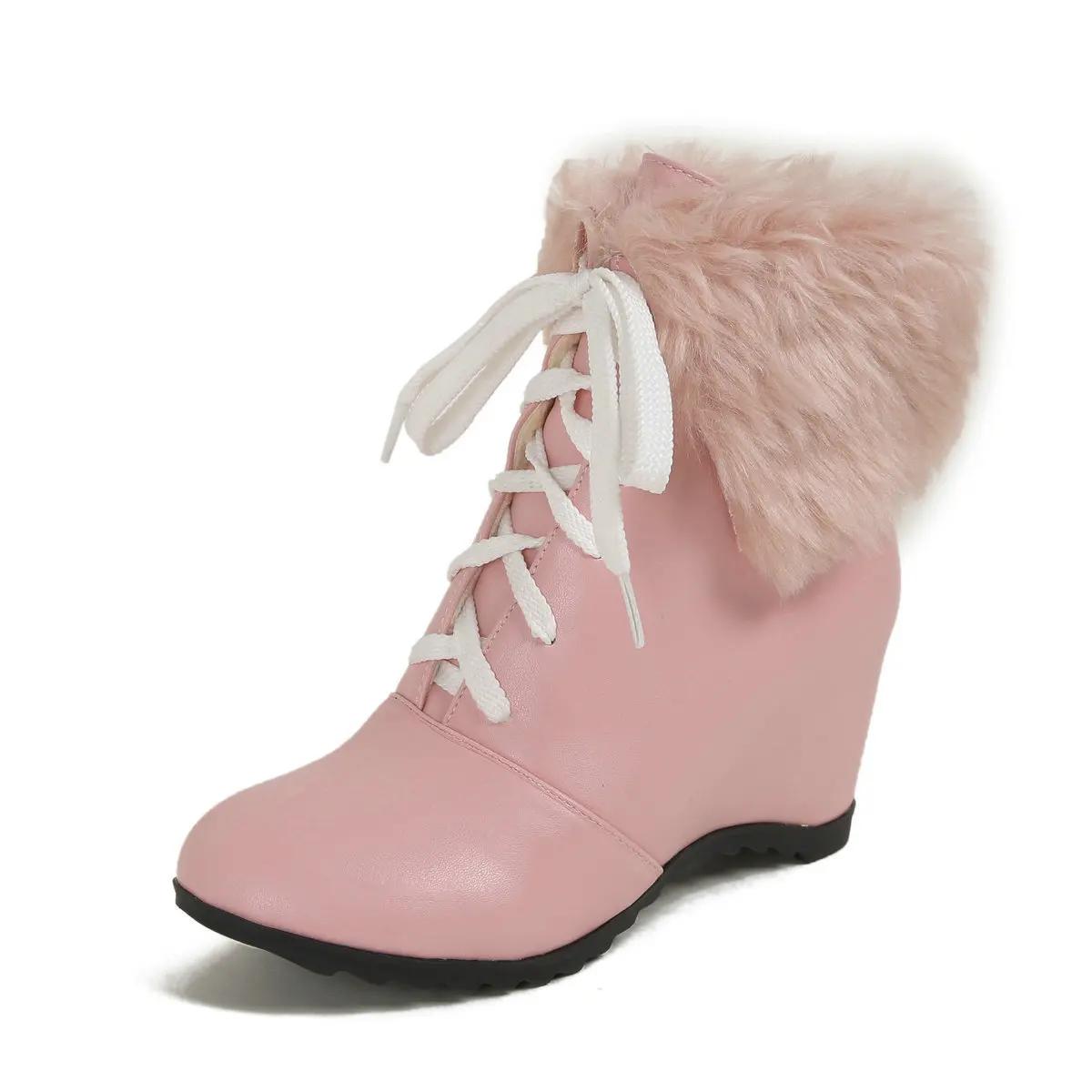 

Зимние теплые женские туфли на танкетке, увеличивающие рост, пушистые круглые носки, кавайные аниме-косплей, японская Лолита, милые розовые ботильоны 37 розовый