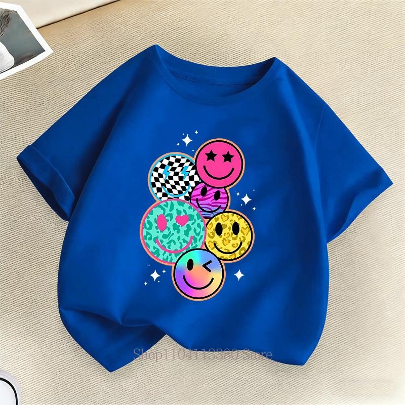 Cartoon Smile Print T-Shirt Summer Boys' and Girls' Fashion Casual Fun Cute Colorful Short Sleeve