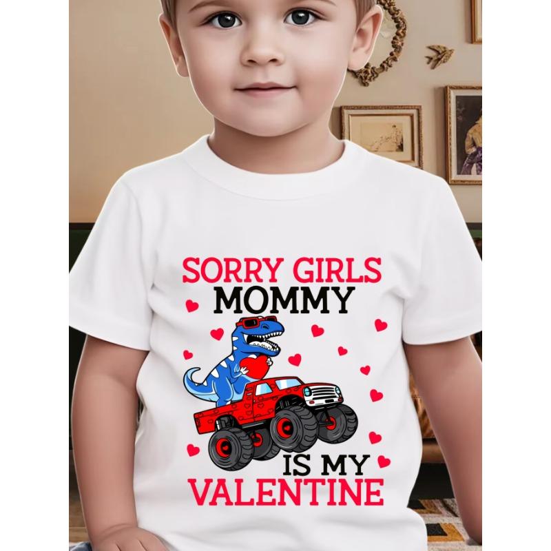 

European sizes Boys Red Heart Dinosaur Car T-Shirt | Casual Crew Neck, Slight Stretch Fabric, Spring/Summer Season 164cm білий