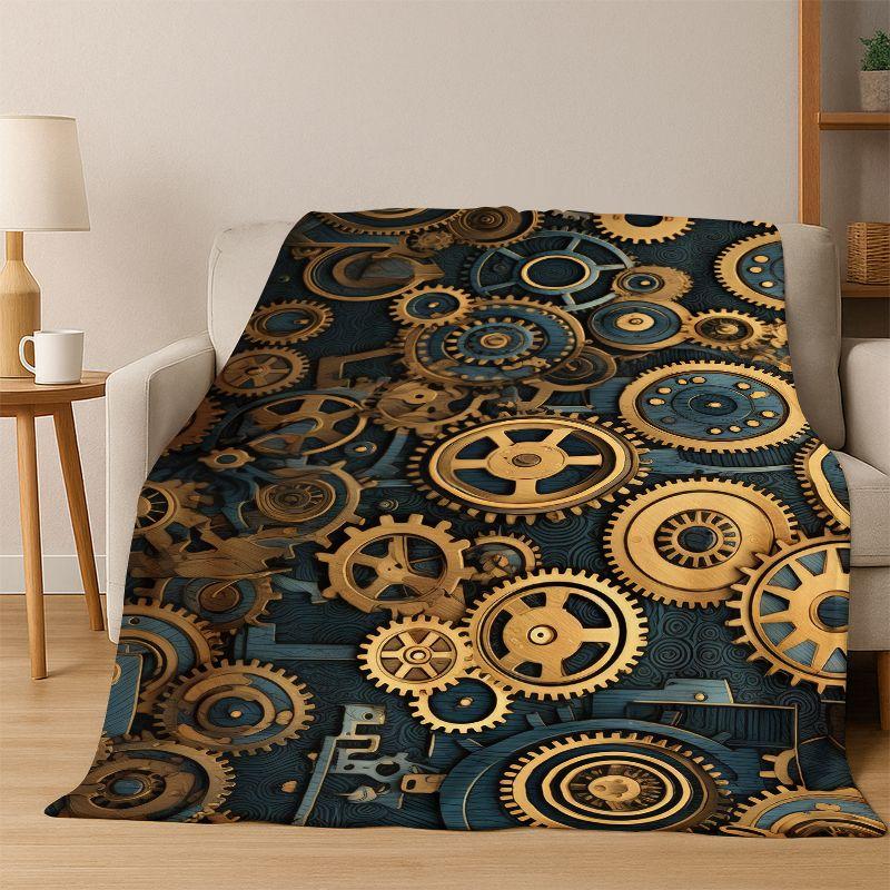 Retro Metal Mechanical Wheel Gear Flannel Blanket Soft Warm Blanket Throw Blanket for Bedroom Living Room Bed Travel Picnic Gift