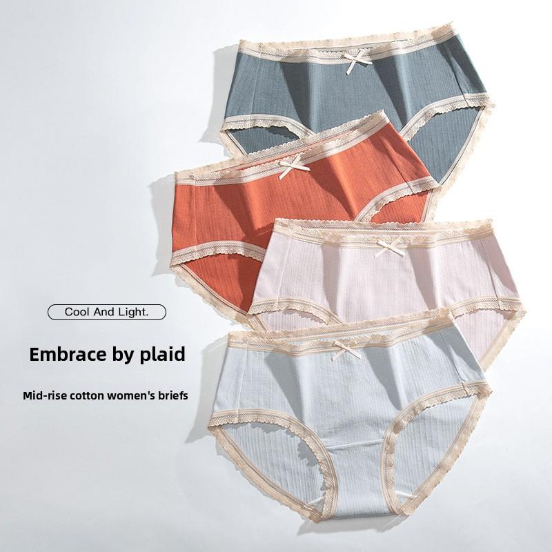 Women's Antibacterial Cotton Panties with a Sexy Mid-rise Waist, Large Size, Lace, Japanese-style Cute Bow, and Triangle Cut.