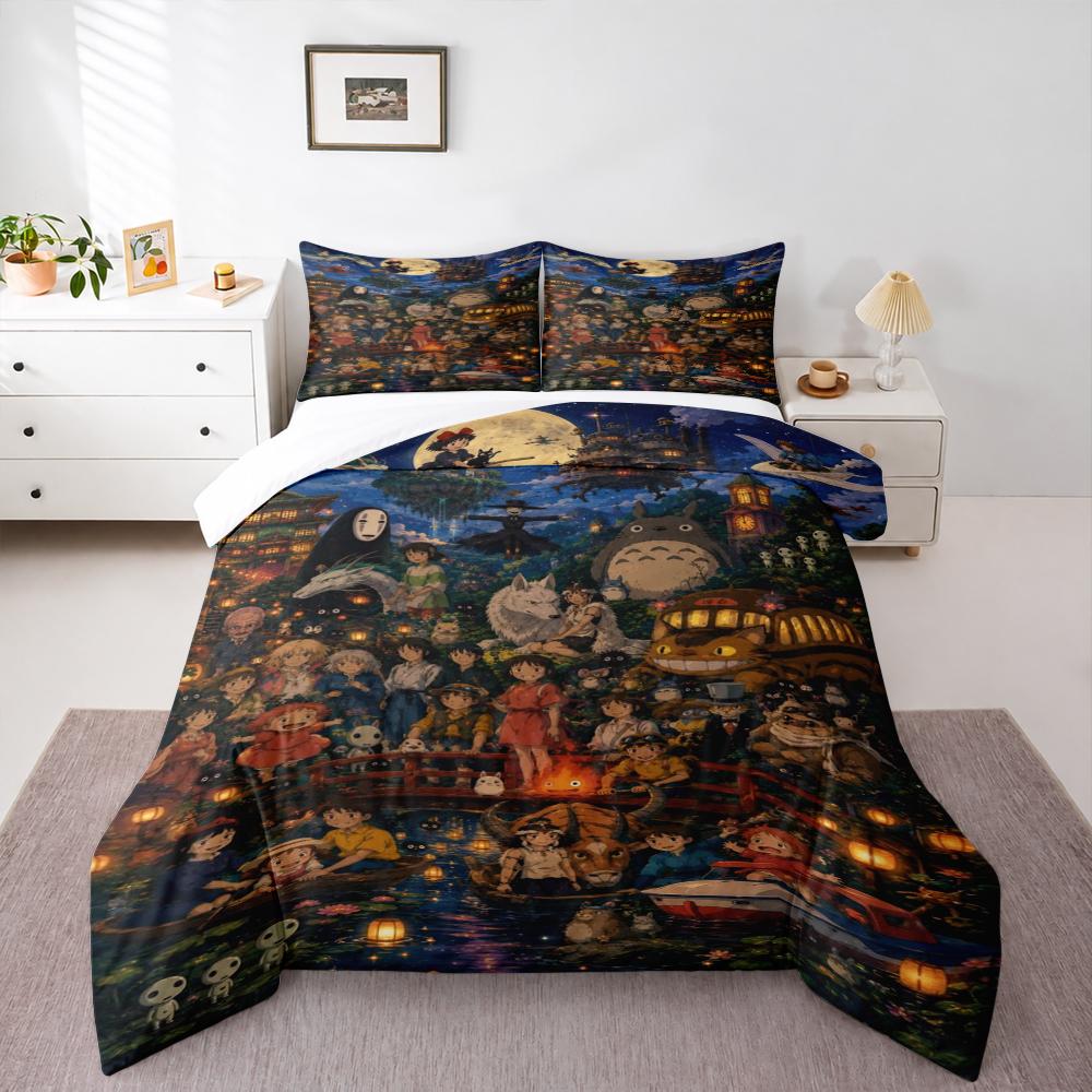 3 Piece Bedding Set with Duvet Cover and 2 Pillowcases - Studio Ghibli Night Festival Collage Print - Moon Lantern River Decor