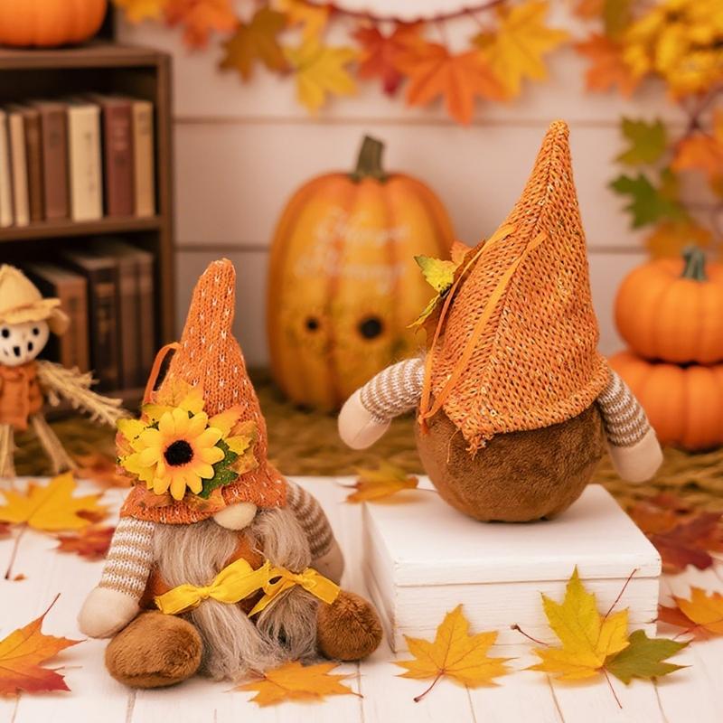 1Pair Fall Season Harvest Celebration Gnomes Figures Handmade Festival Dwarf Decoration for Office and Home Couple Gift