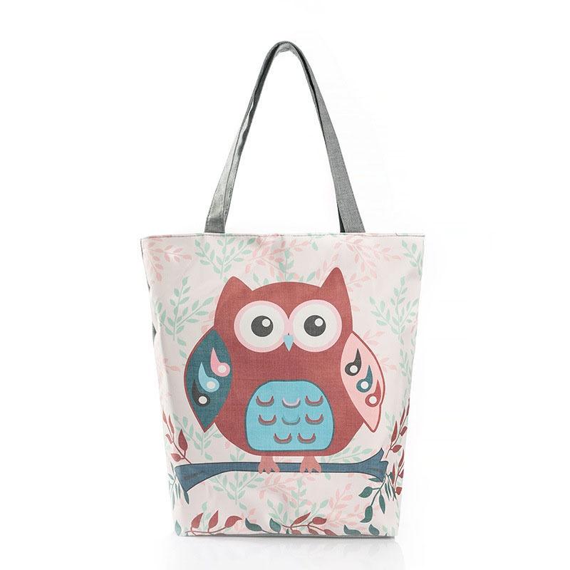Stylish Women's Canvas Tote Shoulder Handbag Featuring Owl Design For Travel And Shopping