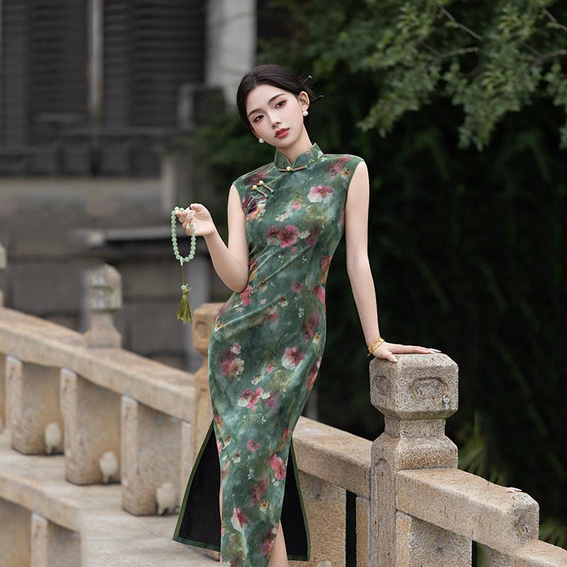 Green sleeveless national style new Chinese daily Suzhou long cheongsam improved young 1011 new women's high sense