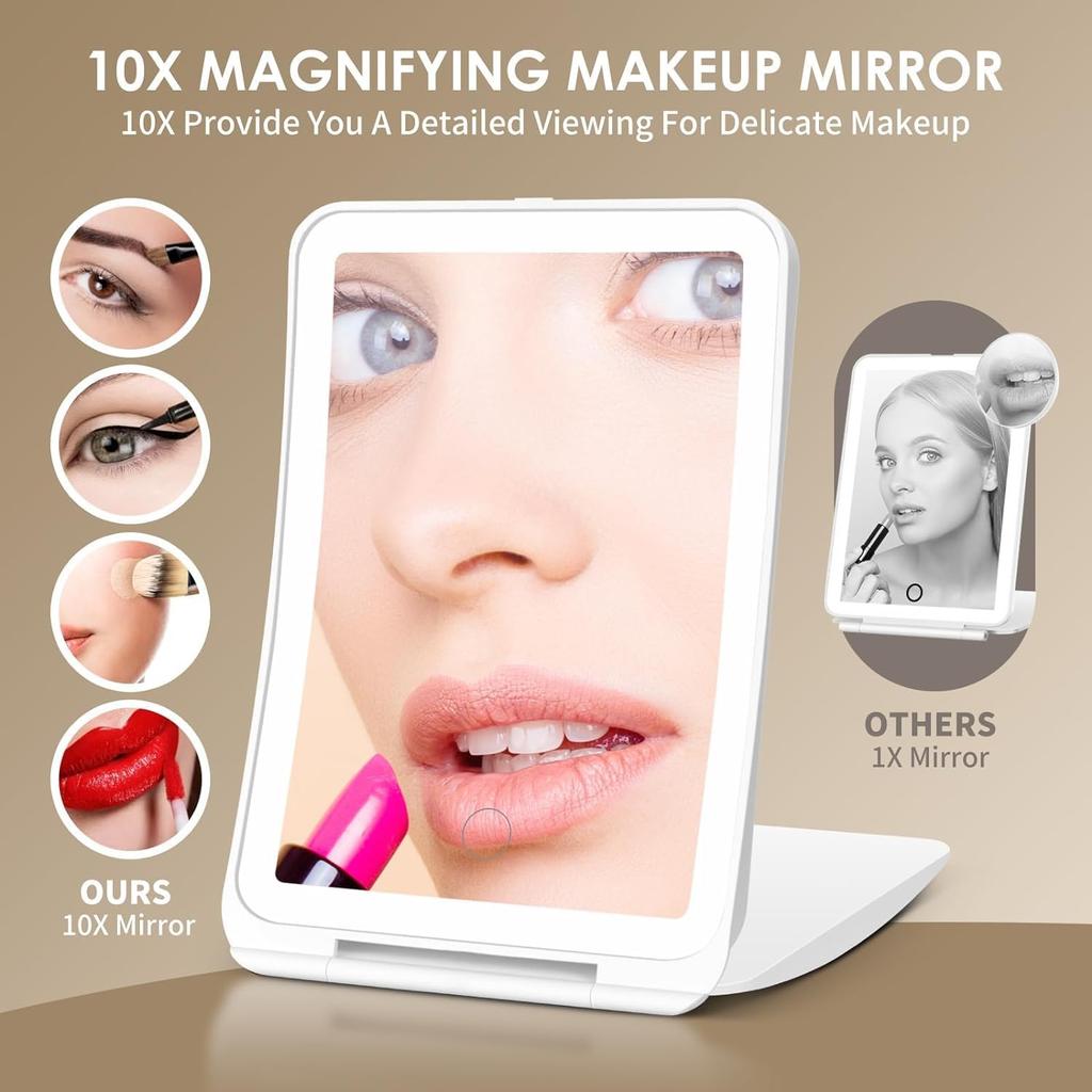 FATBEE 10X Magnification Rechargeable Makeup Mirror for Travel, Makeup Mirror with 80 LED Lights, 3 Color Lighting, Dimmable Touch Screen,Portable