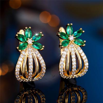 Luxury Female Green Zircon Stone Flower Hoop Earrings Fashion Female Gold Color Wedding  For Women