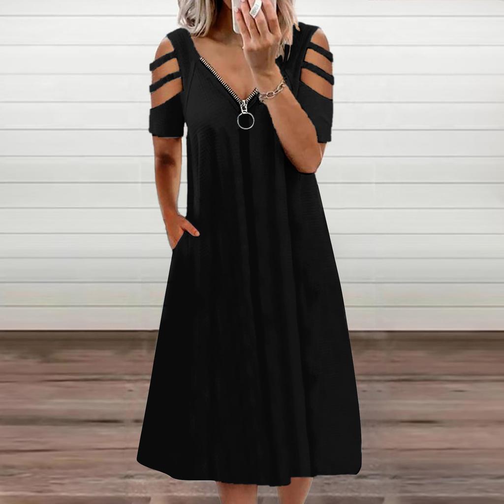 Women's Casual Fashion Solid Color Hollow Short Sleeve Zipper V-Neck Dress