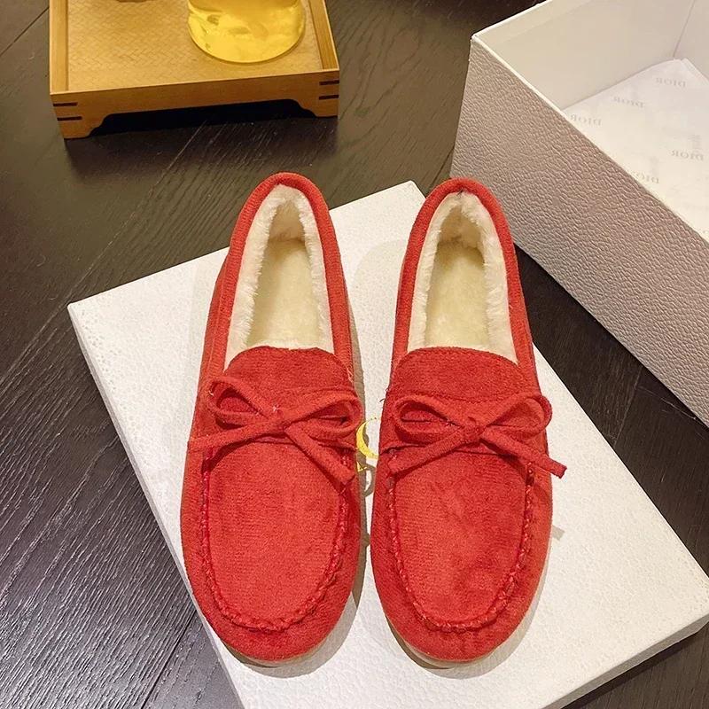Fashion Bow Winter Women's Moccasins Flats Non-slip Flat Shoes Female Warm Loafers Slip-on Comfort Cotton Shoes Zapatos De Mujer