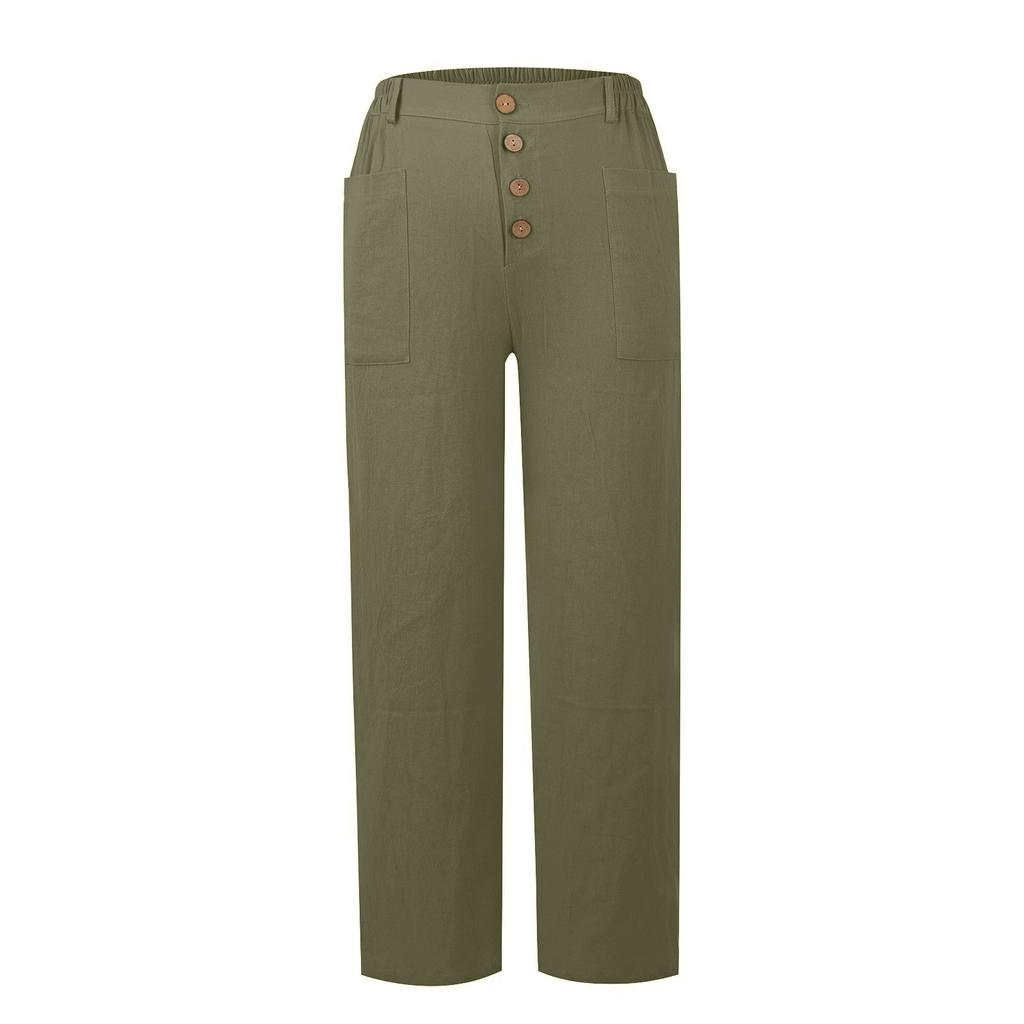 Women's Fashion Loose Solid Button Cotton Hemp Pocket Casual Pants