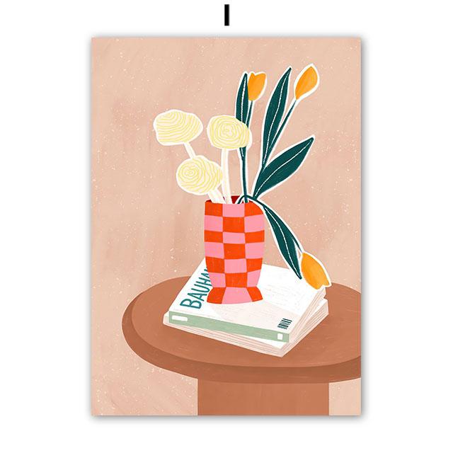 Boho Mode Mädchen Blumenvase Illustration Wandkunst Leinwandmalerei Abstraktes Poster und Drucke Bilder für Wohnzimmerdekor
