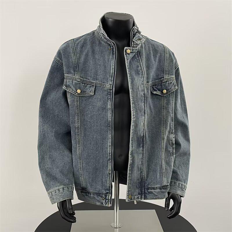 

Men s Spring Denim Jacket: Washed Stand Collar, Casual Loose Fit, American High-End Style L синій