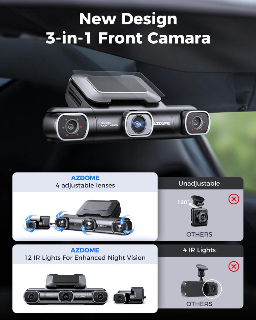 AZDOME 4 kamera Dash Cam 360 graders visning DVR med 128 GB EMMC, 4K foran bak innvendig med GPS WiFi, parkeringsmonitor