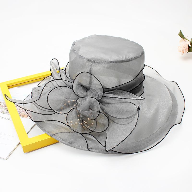 Hat Female Summer Vintage British Style Organza Flower Vacation Big Eaves Beach Sunscreen Flat Top Sun Hat