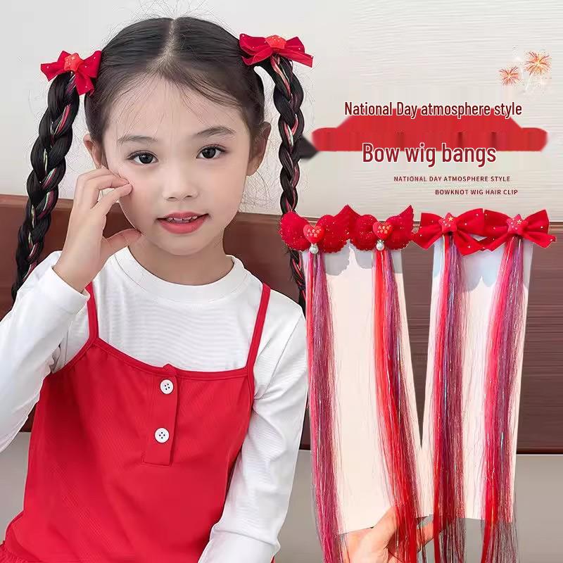 Girls' Day Out Festival Red Bow Wig Clip - Shiny Silk Braided Curly Hair Accessory