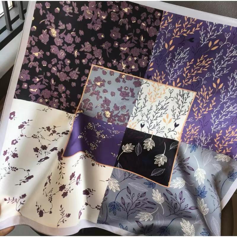 Elegant Square Silk Scarf Flower Pattern Handbag Wraps Head Handkerchief 70*70Cm Double Sides Neckerchief Women