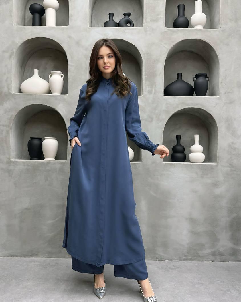 

Women s 2025 Early Autumn Fashion: Slit Stand-Up Collar Long Shirt & Straight-Leg Pants Set XL синій