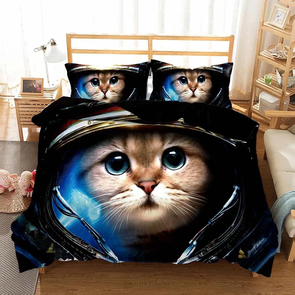 Galaxy Cat Kids Quilt/Duvet Cover With Pillocases Cartoon Animal Comforter Cover Bedding Set Star Sky Pet Child Bed Cover Sets
