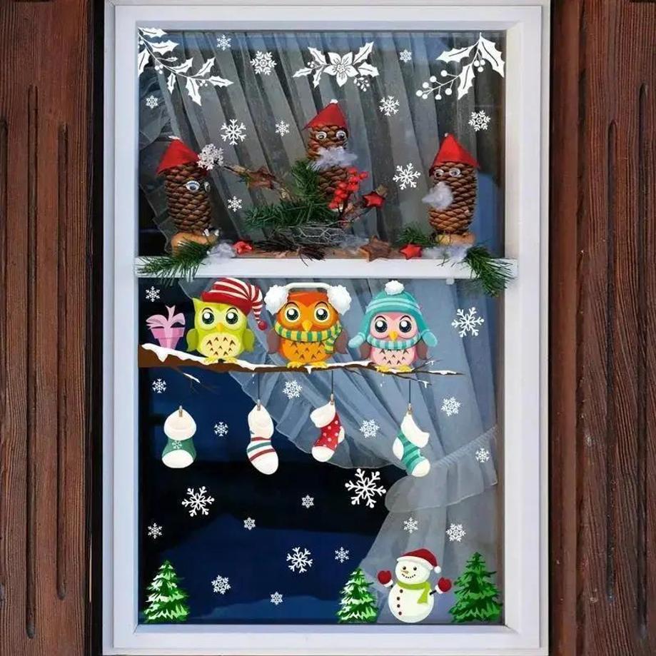 1 Pcs Electrostatic Glass Stickers Christmas Tree Branch Owl Snowflake Living Room Bedroom Window Decoration Wall Stickers