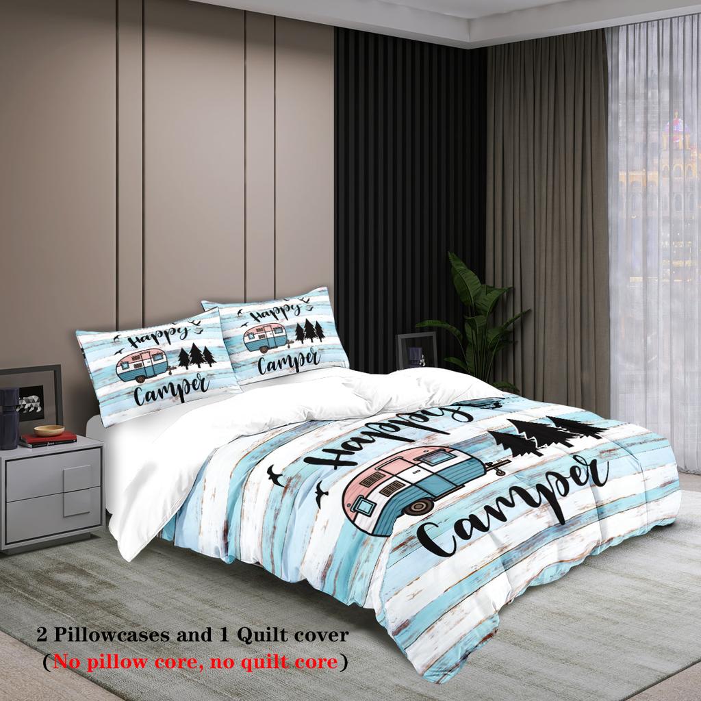 3pcs happy camper pattern printed bedding set, suitable for teenagers and adult's bedroom, camping, 1*duvet cover+2*pillowcase