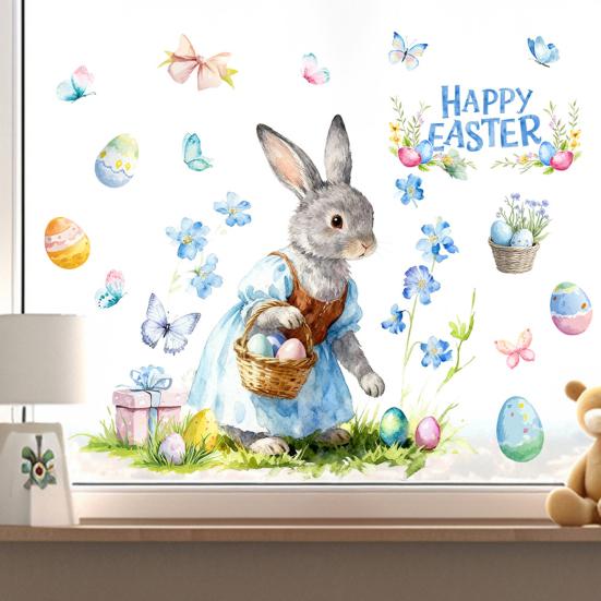 Påskfönsterdekal Söt Kanin Vildblommor Ägg Fjäril Klistermärke Återanvändbar Dubbelsidig Statisk Fönsterklistermärken för Glasdörrar Väggar Barnrum Vår