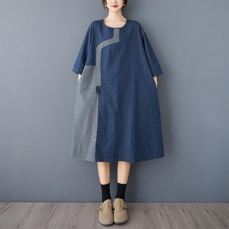 Women's Retro Denim Patchwork Dress - Elegant, Comfortable, Loose Fit for Spring/Autumn