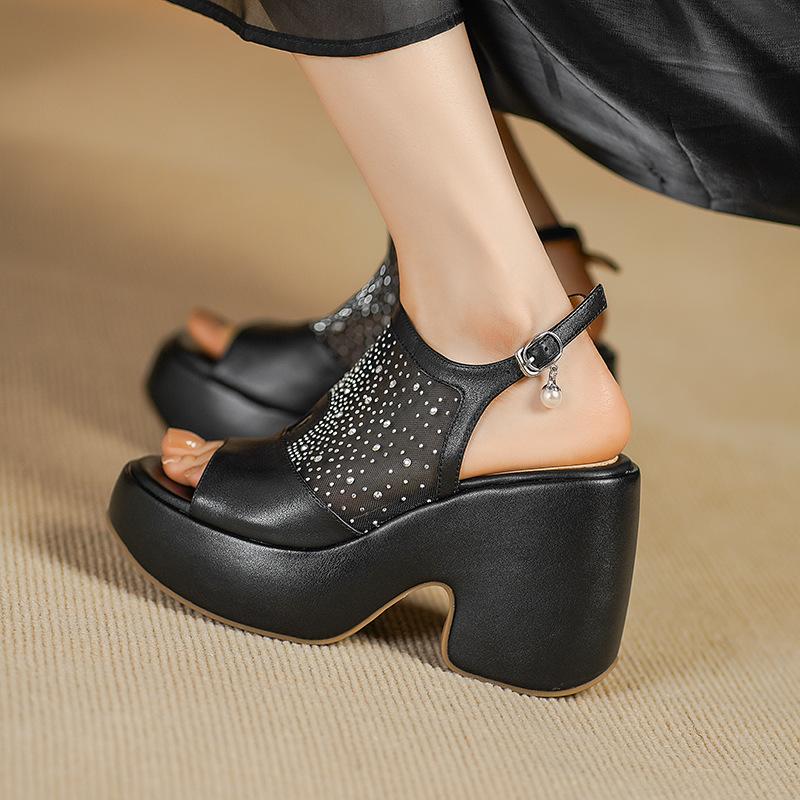 10.5CM ultra-high heel platform temperament sandals 2025 spring new open-toed thick heel splicing one-pedal women's shoes