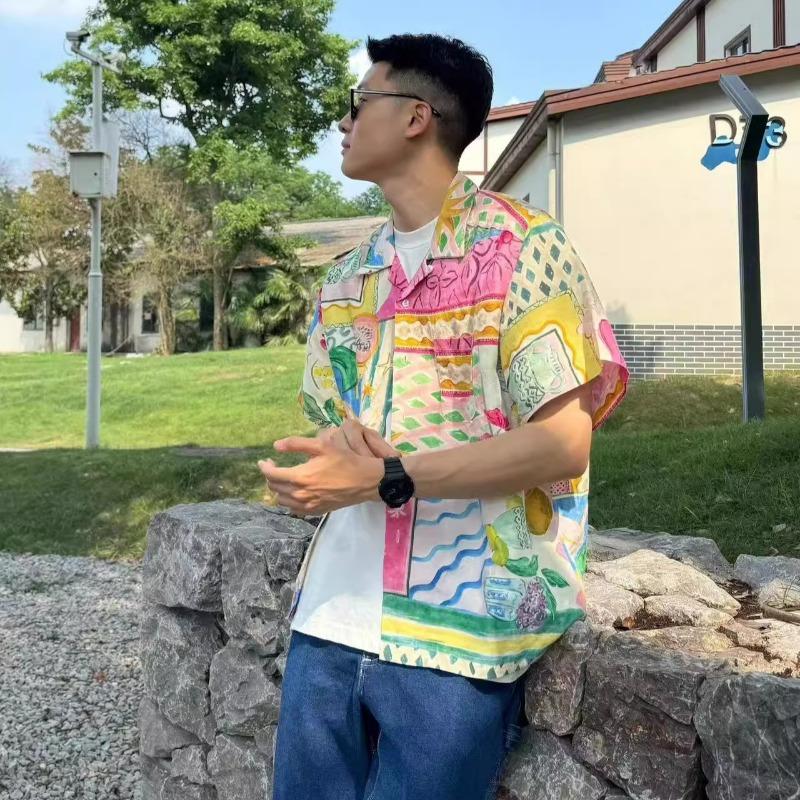 Men's Colorful Hand Drawn Fruit Print Cuban Collar Oversized Short Sleeve Shirt Casual Streetwear Top