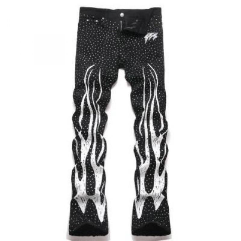 Mens Slim Fit Jeans Punk Style Distressed Printed Denim Pants Teens Casual Wear