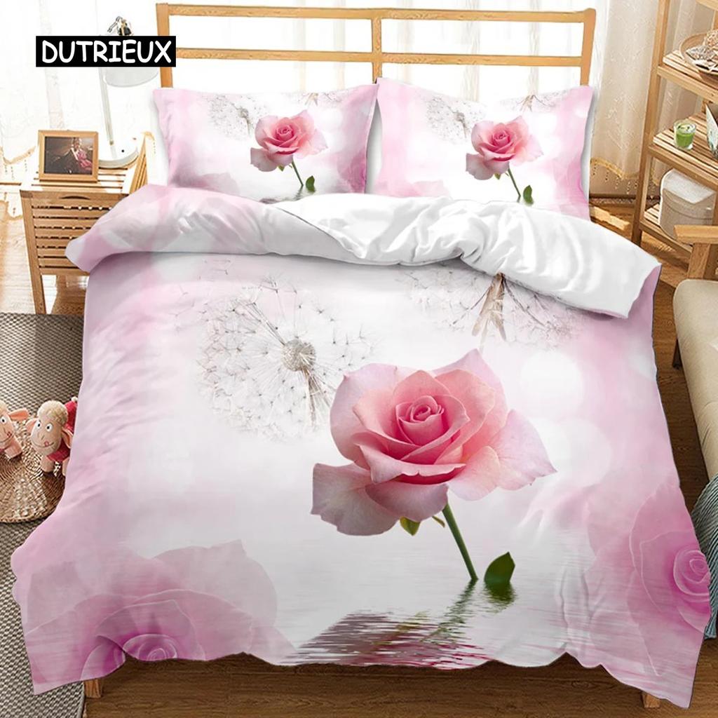 Rose Duvet Cover Set Microfiber Pink Heart Rose Romantic Flower Theme Bedding Set For Lovers Double Queen King Size Quilt Cover