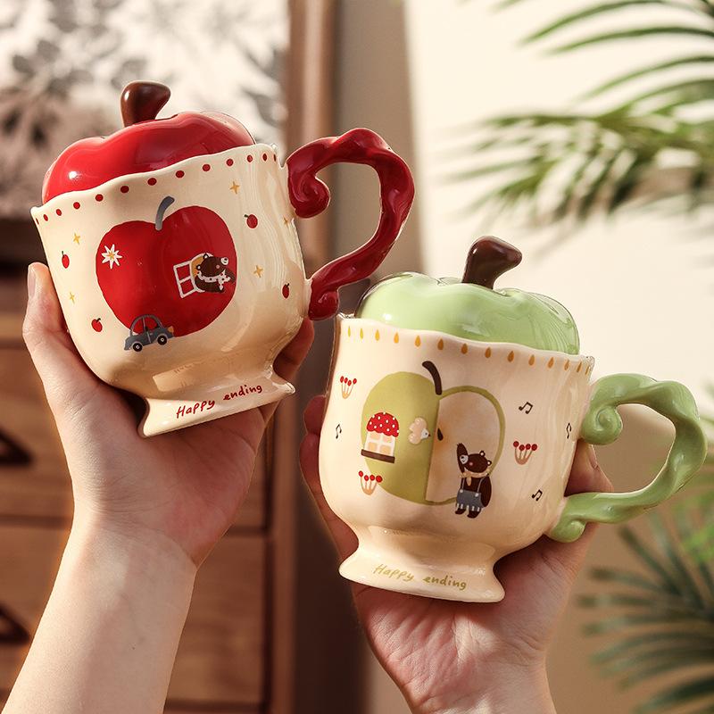 Birthday Gift for Girls, Christmas Apple Ceramic Mug, Couple Water Cup with Lid, Girlfriend's Souvenir Gift Box.