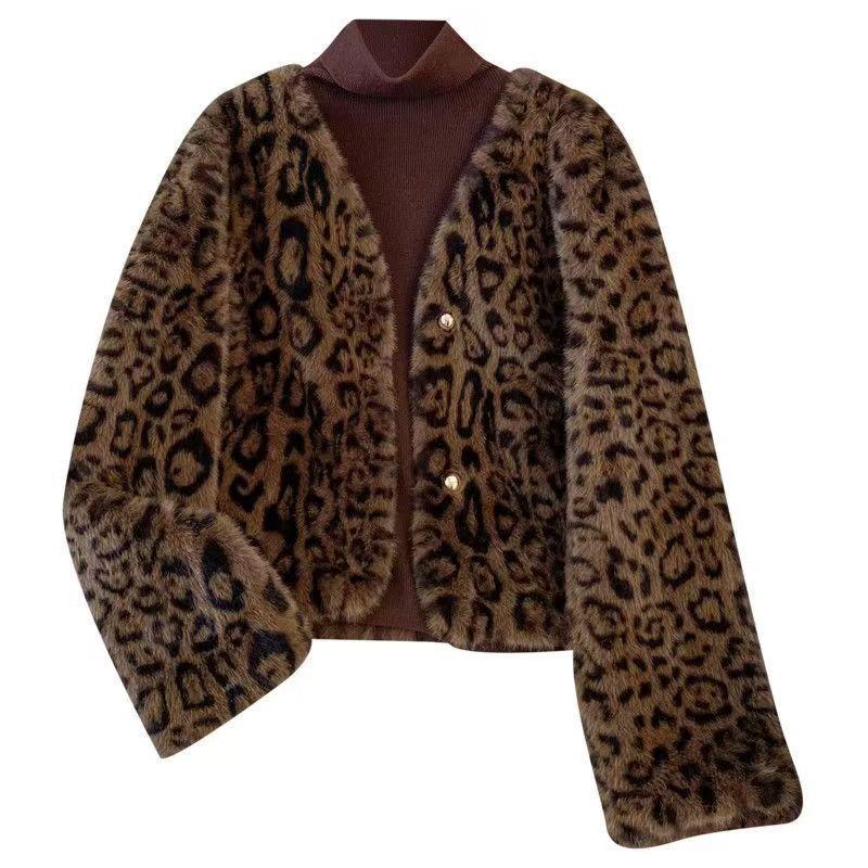 Winter leopard print short imitation mink fur jacket thickened fur integrated top collar