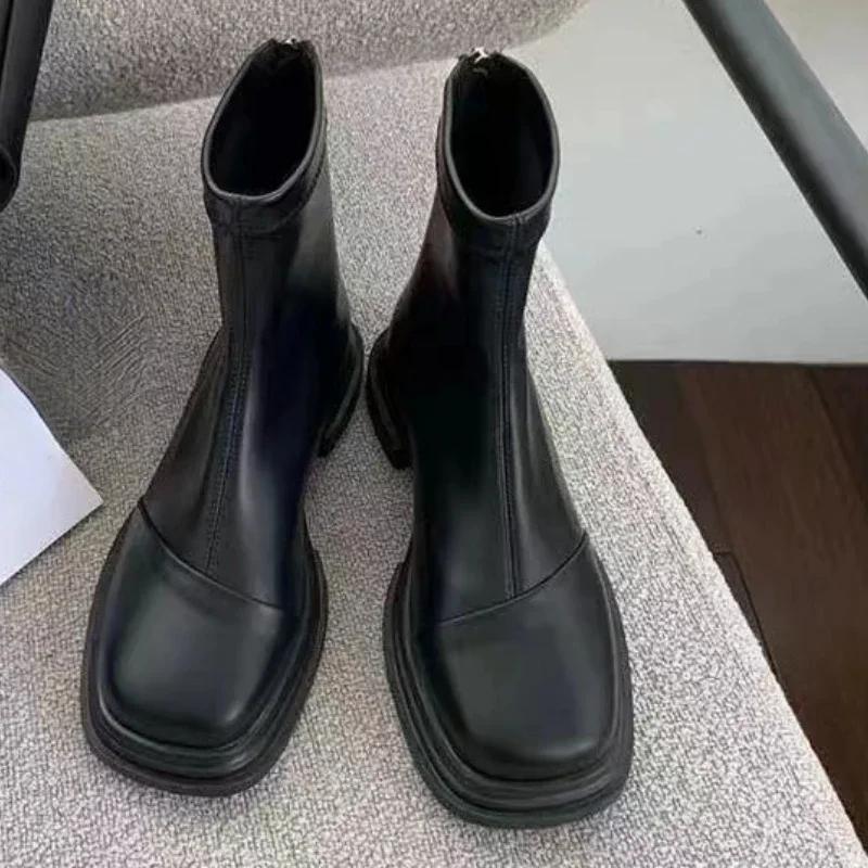 2025 Autumn/Winter New Fashion Flat Round Head Splice Back Zipper Thick Bottom Anti Slip Casual Warm Women's Short Boots