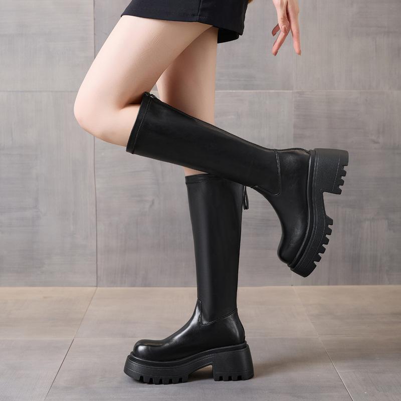 Vastag talpú magas szárú elasztikus vékony csizma női bőr 2025 őszi és téli új muffin és térd csizma sokoldalú magas csizma