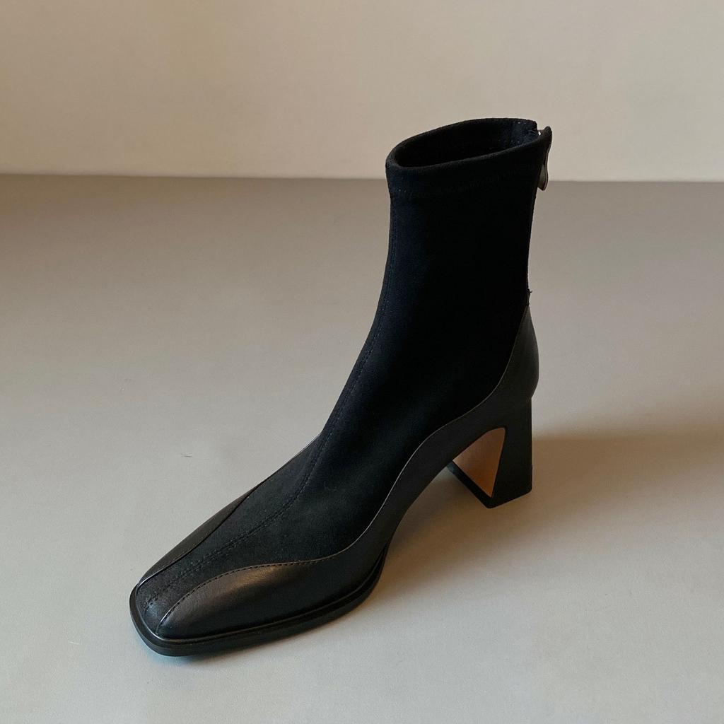 Cowhide short boots women's 2025 autumn and winter new leather high-heeled boots square elastic socks boots thick heel French thin boots