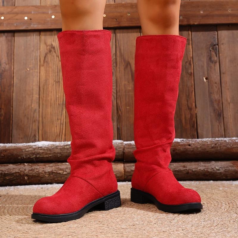 Pleated Boots Women Faux Suede Flock Knee High Boots Women Shoes Fashion Slip On Square Low Heel Knight Booties Mujer
