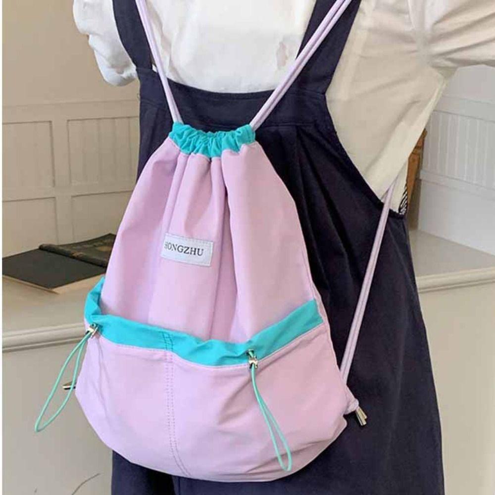 Large Capacity Light Soft Nylon Bag Contrast Color Shoulder Bag Drawstring  Backpacks  Travel