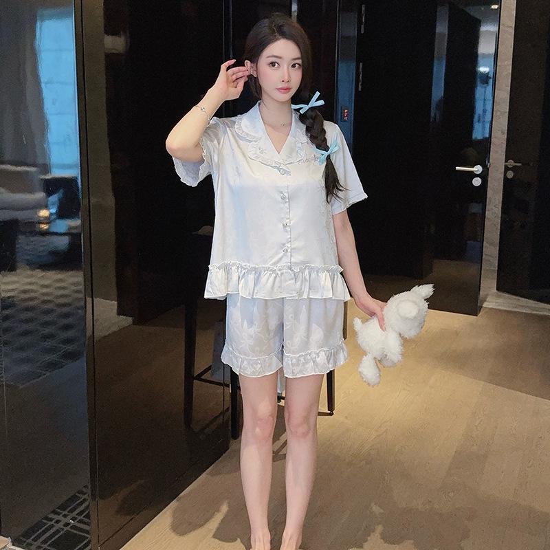 Ice Silk Women s Summer Pajama Set: Short Sleeve & Shorts with Jacquard Lace Design, Plus Size Loose Fit