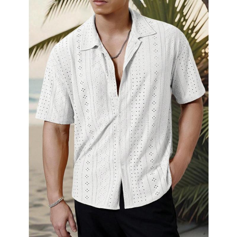 Men Notch Collar Short Sleeve Shirt Hollow Eyelet Jacquard Textured Full Button Loose Vacation Breathable Casual Blouse
