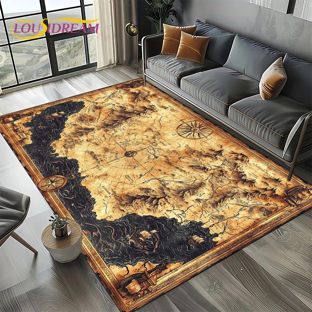 2025 Retro Ancient Nautical Chart Kraft World Map Compass Carpet Rug for Living Room Bedroom Sofa Decoration,Non-slip Floor Mat