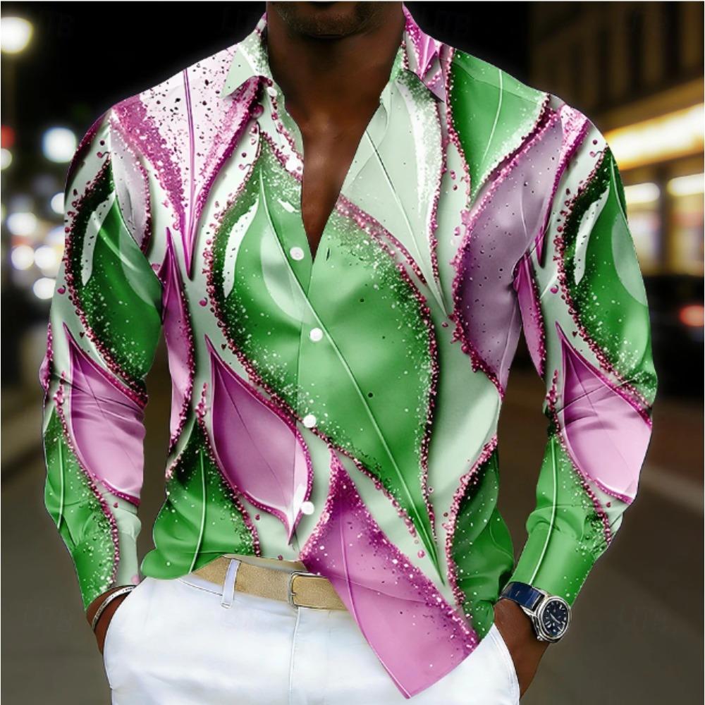 Men's Geometric Pattern Printed Long Sleeve Shirts Casual Cardigan New Button Holiday Fashion Shirts