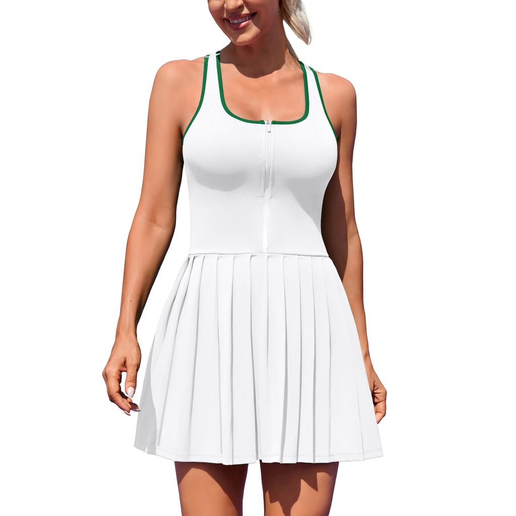 Charmleaks Damen Tennis Kleid mit integriertem BH und Shorts Reißverschluss vorne Plissiertes Sportkleid Nahtloses Golfkleid