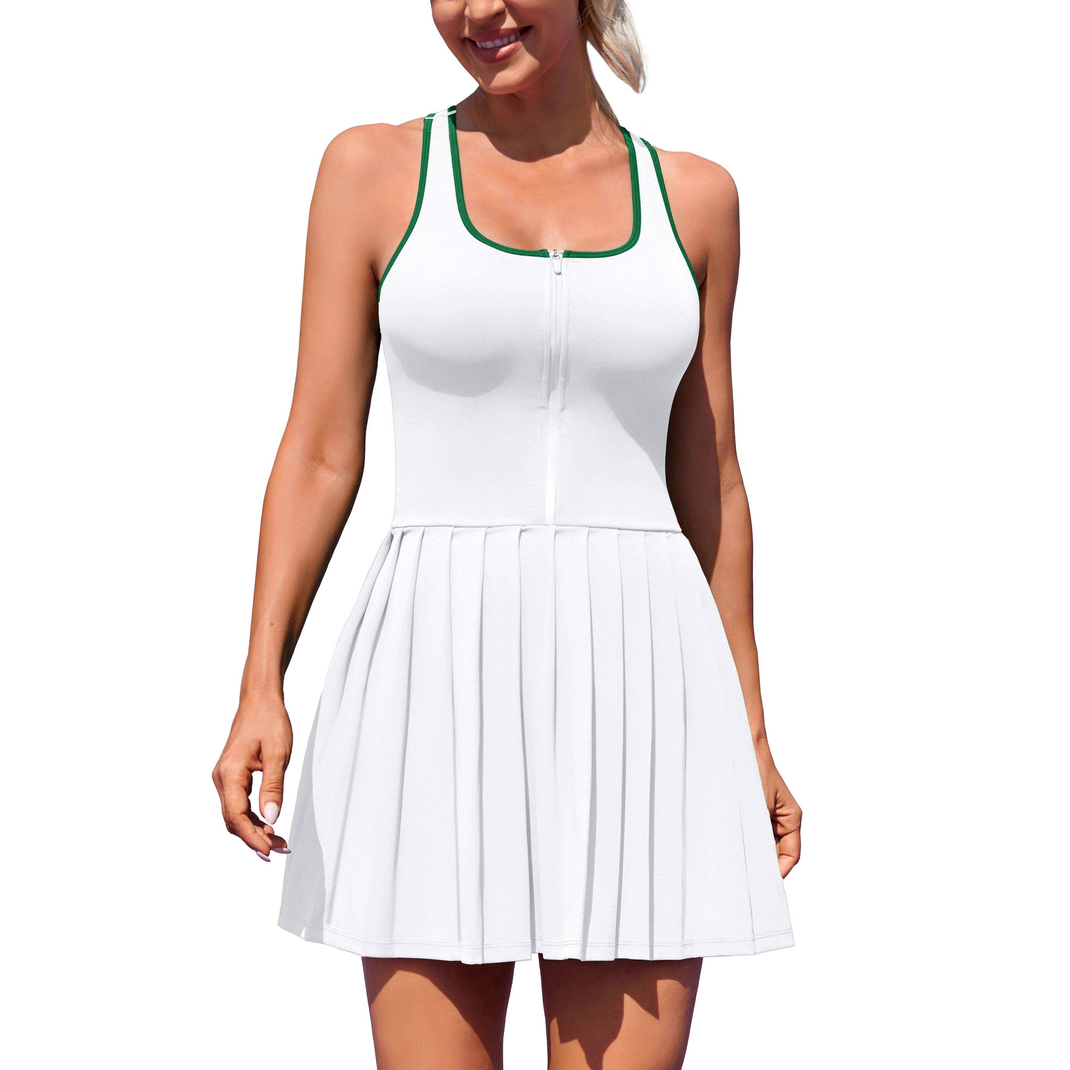 

Charmleaks Женское теннисное платье со встроенным бюстгальтером и шортами, на молнии спереди, плиссированное спортивное платье, бесшовное платье для гольфа XL белый