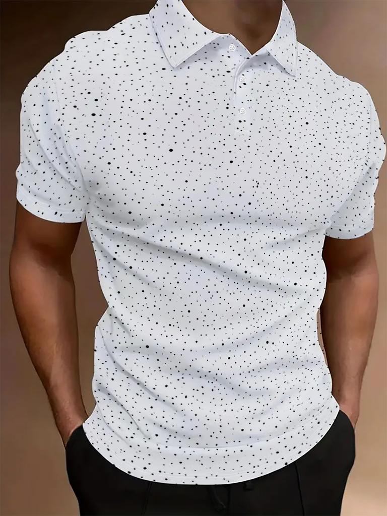 Men's Short-Sleeve Polo Shirt - Minimalist Button-Front Collar Lapel, Full-Body Small Black Dots Print White, Breathable Summer Beachwear, Casual