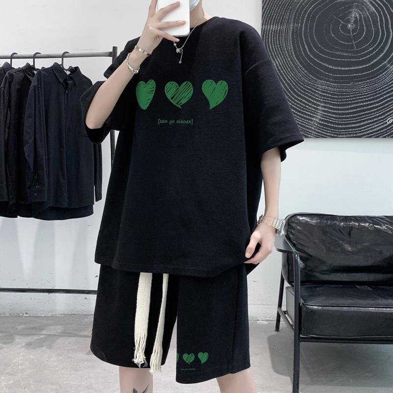 

Мужской вафельный спортивный комплект с коротким рукавом из ледяного шелка: Трендовый летний наряд для бега и на каждый день XL чёрный