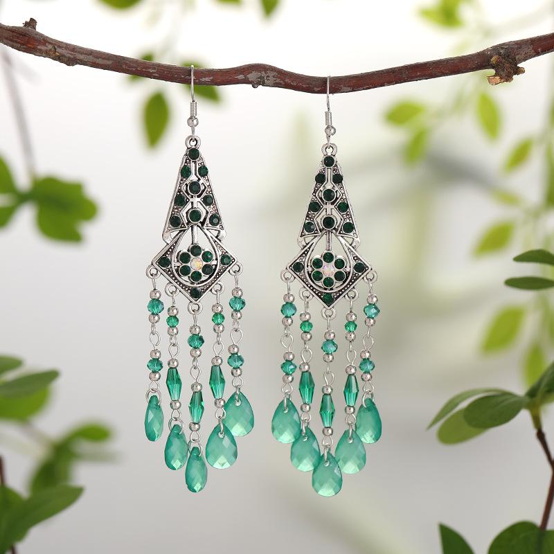

Bohemian Ethnic Multilayer Water Drop Long Tassel Earrings For Women Beads Crystal Handmade Elegant Wedding Boho Female Zircon зелений