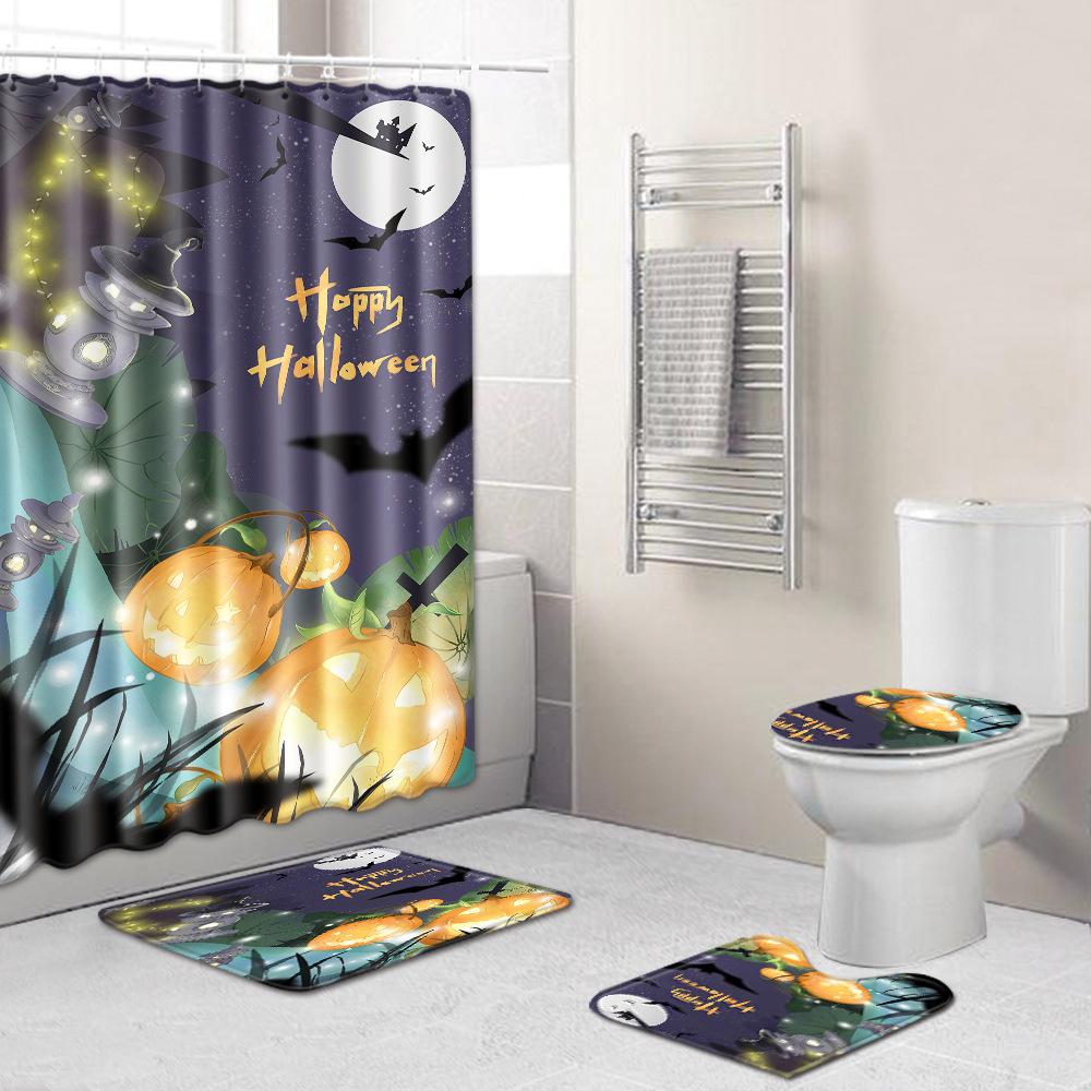 Halloween Shower Curtain Floor Mat Combination Four-Piece Set Bathroom Toilet Carpet Door Mat