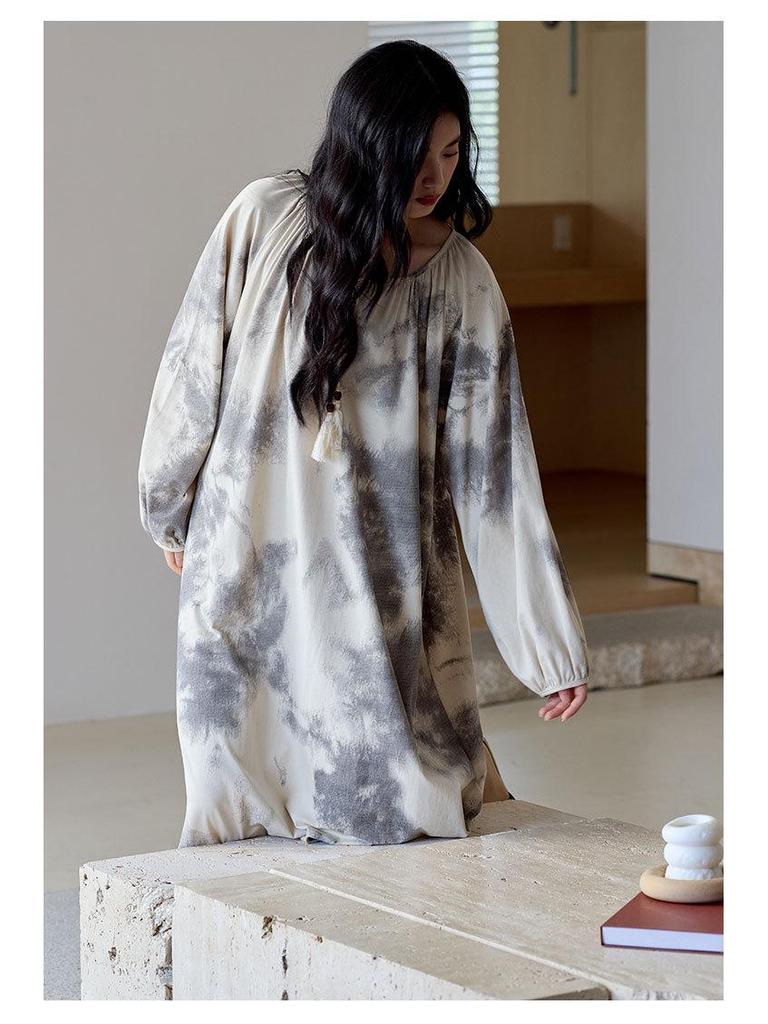 Women's Antibacterial Rayon Cotton Nightgown - Autumn Wabi-sabi Style, Pure Cotton, Long Sleeve, Mid-length Homewear Pajamas