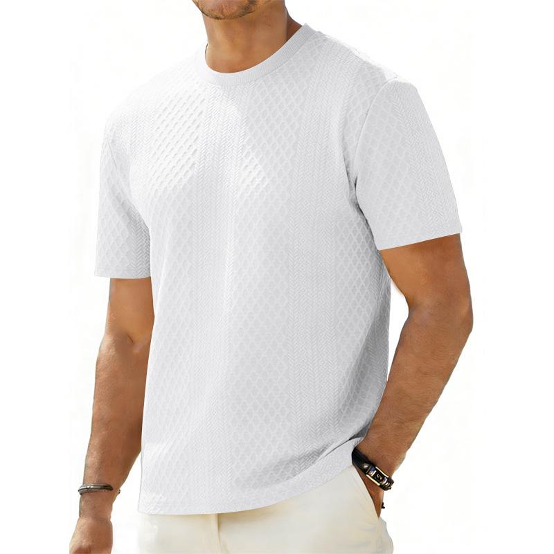 Men Casual Loose Solid Color Jacquard Crew Neck Short Sleeve T Shirt S белый